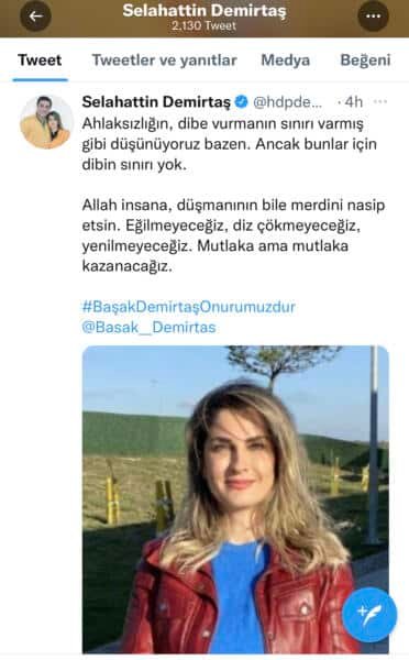 Demirtaş’tan eşi Başak Demirtaş’a destek: Eğilmeyeceğiz, diz çökmeyeceğiz, yenilmeyeceğiz Demirtaş’tan eşi Başak Demirtaş’a destek: Eğilmeyeceğiz, diz çökmeyeceğiz, yenilmeyeceğiz
